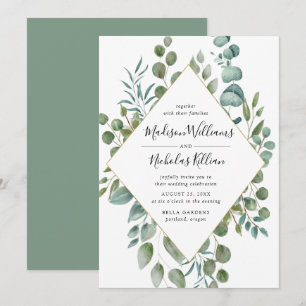 Modern Greenery Gold Geometric Frame Wedding Invitation