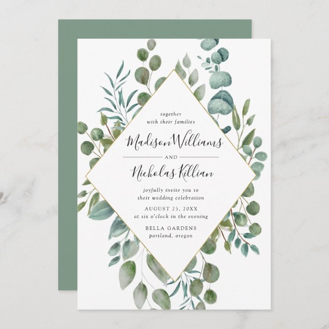 Modern Greenery | Gold Geometric Frame Wedding Invitation (Front/Back)