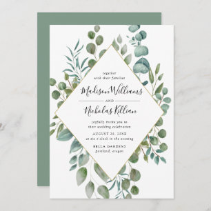 Modern Greenery   Gold Geometric Frame Wedding Invitation