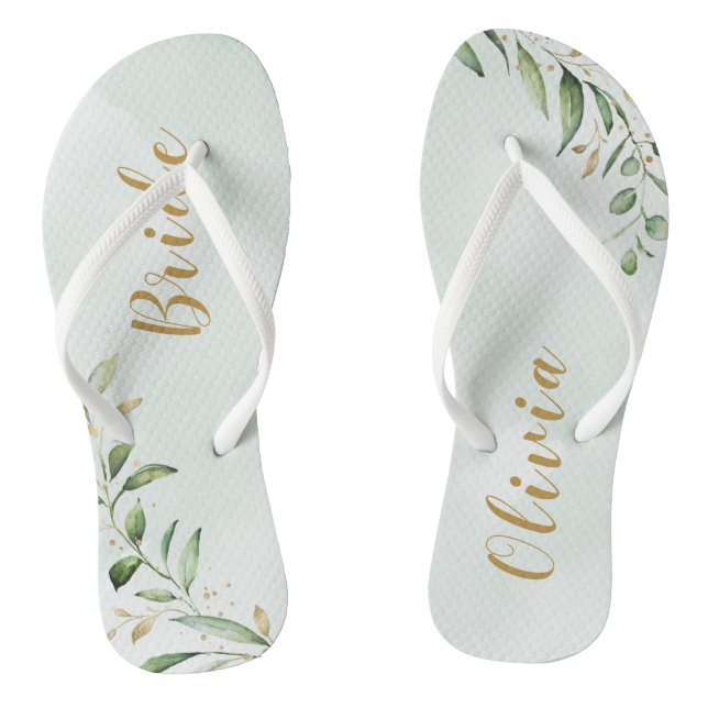 Modern Greenery Gold Geometric Personalised bride Flip Flops (Footbed)