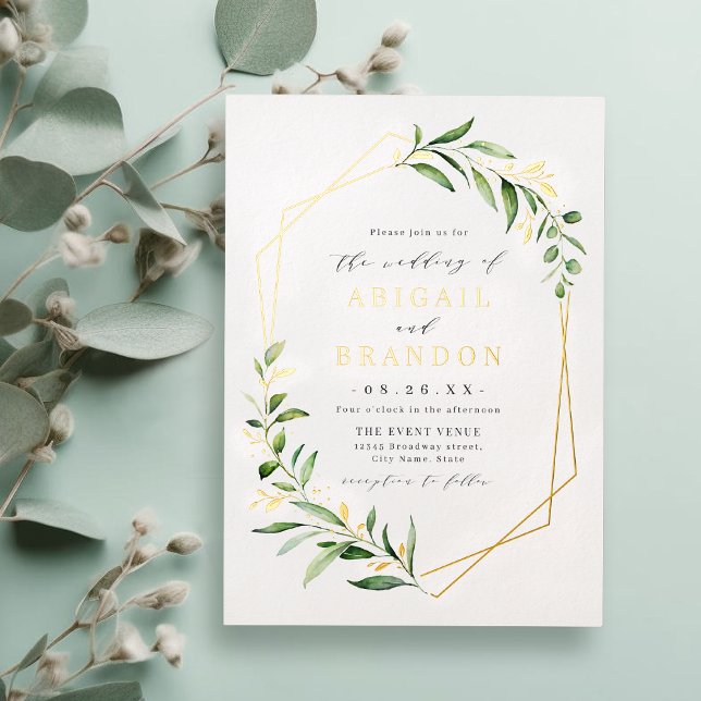 Modern Greenery Gold Geometric Rustic Wedding (Modern Greenery Gold Geometric Rustic Wedding Foil Invitation)
