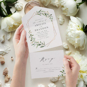 Modern Greenery Gold Geometric Rustic Wedding All In One Invitation