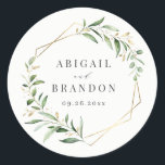 Modern Greenery Gold Geometric Rustic Wedding Classic Round Sticker<br><div class="desc">Rustic watercolor botanical foliage greenery design and faux gold foil leaves and geometric frame,  with couple's names and wedding date,  simple and elegant,  great for summer rustic wedding,  spring botanical garden wedding. 
See all the matching pieces in collection</div>