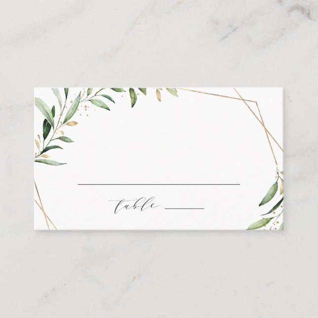 Modern Greenery Gold Geometric Rustic Wedding Place Card (Front)