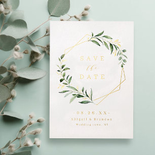 Modern Greenery Gold Geometric Save The Date