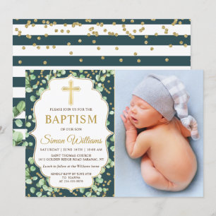 Modern Greenery Gold Glitter Baptism Photo Invitation