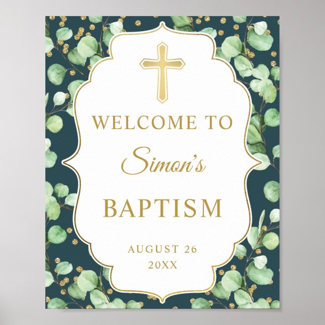 Modern Greenery Gold Glitter Baptism Welcome Poster (Front)