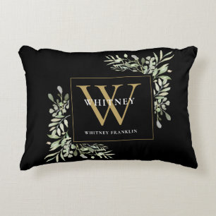 Modern Greenery Gold Initial Monogram Black Decorative Cushion