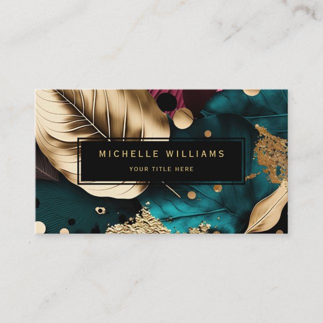Modern Greenery Gold Leaf Abstract Business Card (Front)