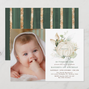 Modern Greenery Gold Little Pumpkin Birthday Photo Invitation