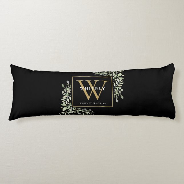 Modern Greenery Gold Monogram Black Body Cushion (Front)