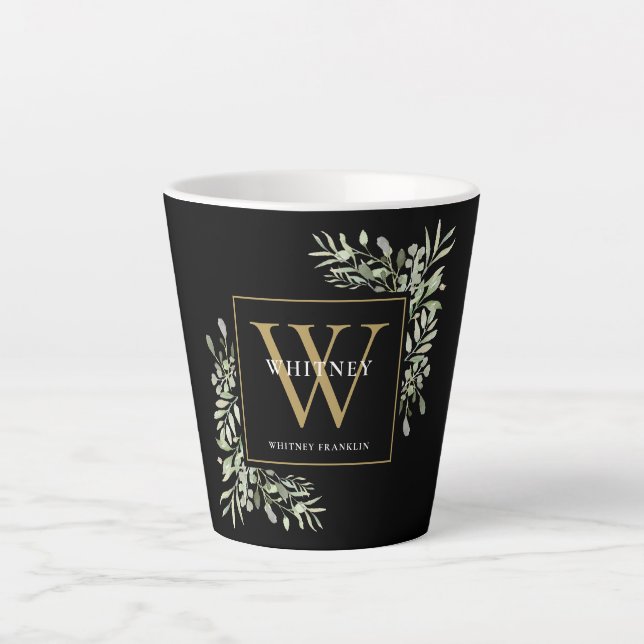 Modern Greenery Gold Monogram Elegant Black Latte  Mug (Front)