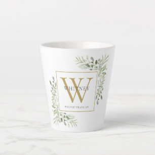 Modern Greenery Gold Monogram Elegant Latte Mug
