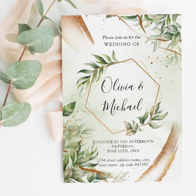 Modern Greenery Gold Wedding Invitation (Creator Uploaded)