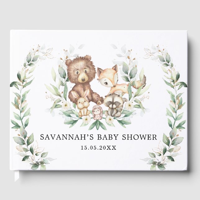 Modern Greenery Gold Woodland Animals Neutral Baby Guest Book (Front)