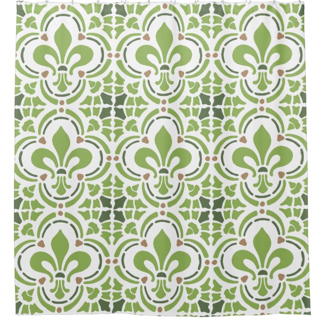 Modern Greenery Green Fleur de Lis Quatrefoil Shower Curtain (Front)