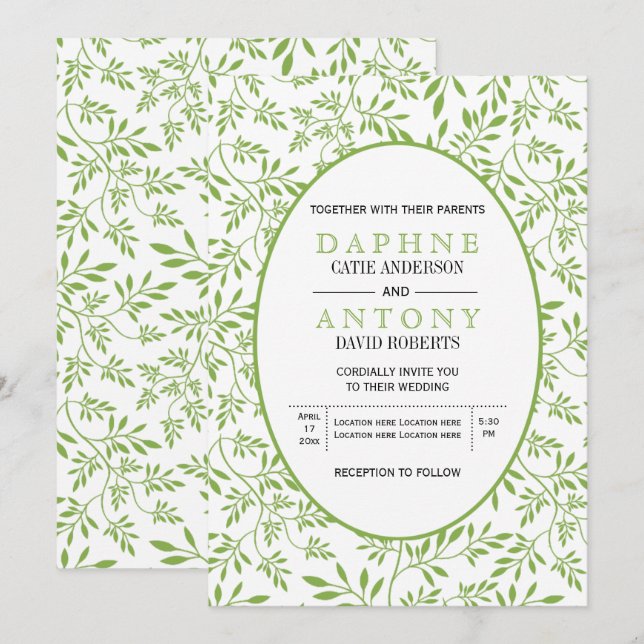 Modern greenery green leaves pattern wedding invitation (Front/Back)