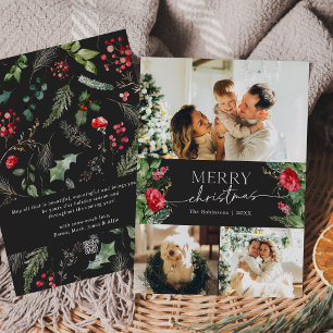 Modern Greenery Grey 3 Photo Merry Christmas Holiday Card