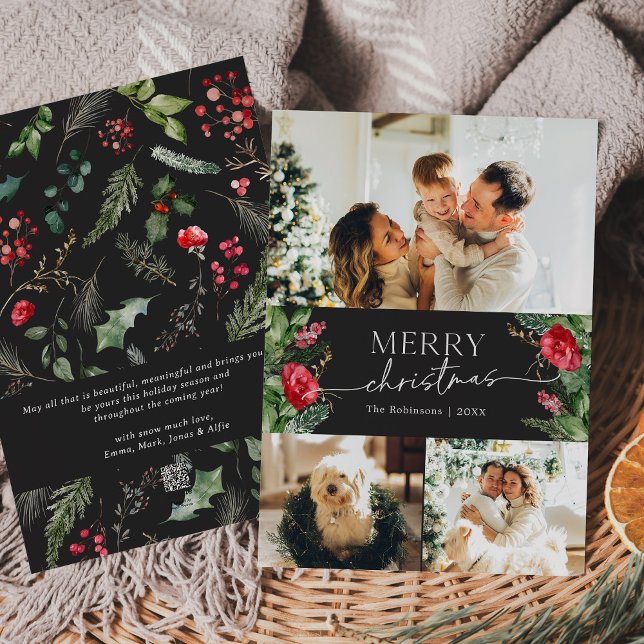 Modern Greenery Grey 3 Photo Merry Christmas Holiday Card (Creator Uploaded)