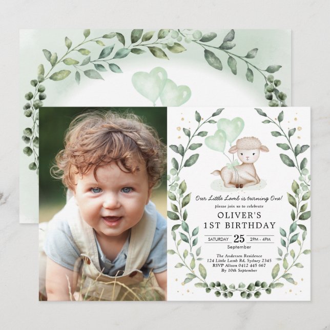 Modern Greenery Lamb Baby Sheep Birthday Party Invitation (Front/Back)