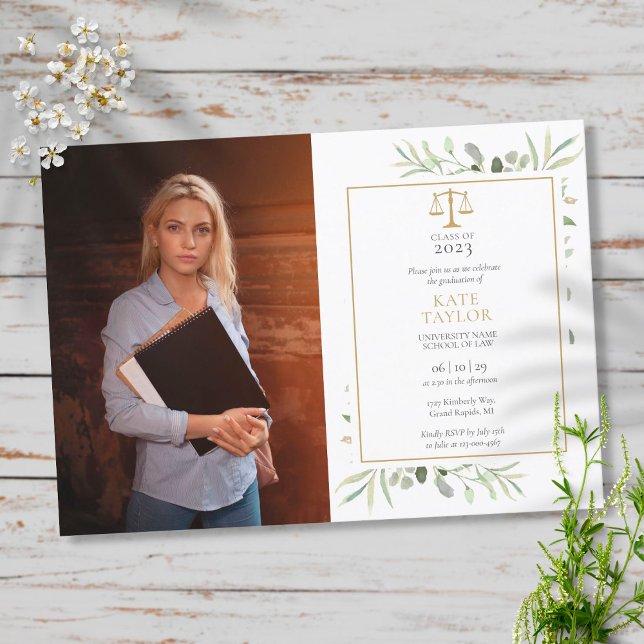 Modern Greenery Law School Graduation Photo Invitation (Creator Uploaded)