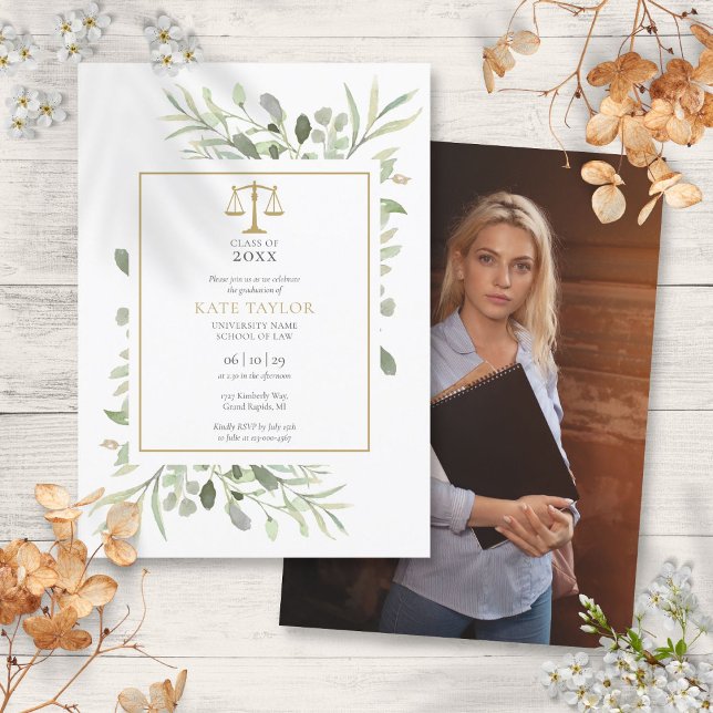 Modern Greenery Law School Graduation Photo Invitation (Modern Greenery Law School Graduation Photo Invitation)