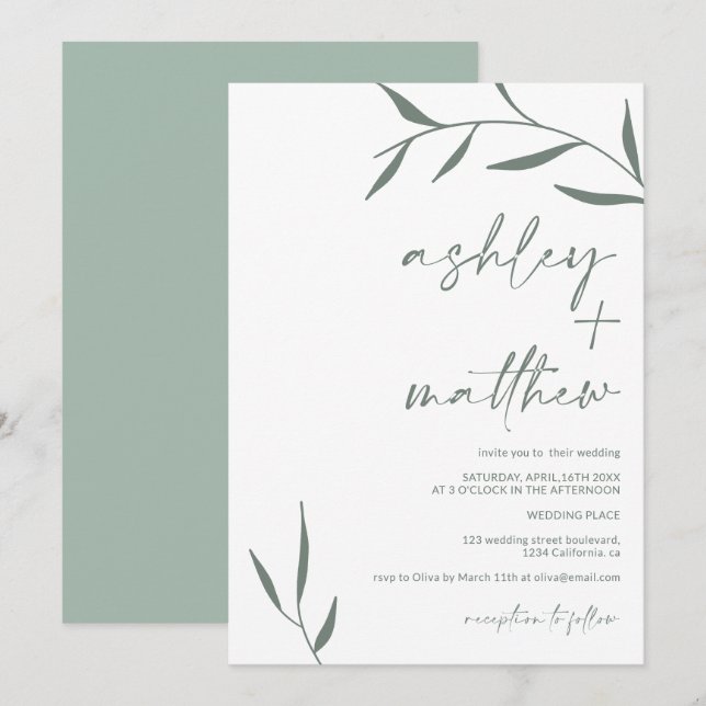 Modern greenery leaf names calligraphy wedding invitation (Front/Back)