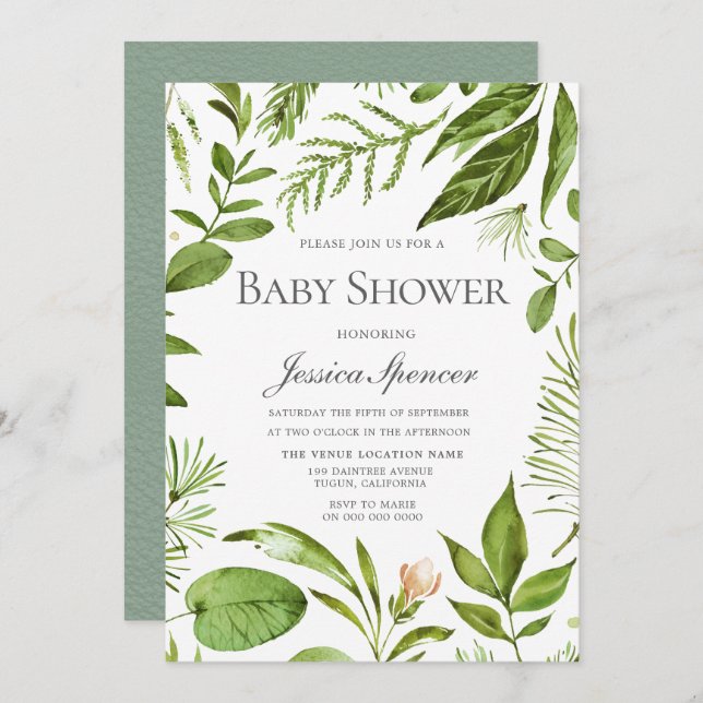 Modern Greenery Leaf Wreath Baby Shower Invite (Front/Back)