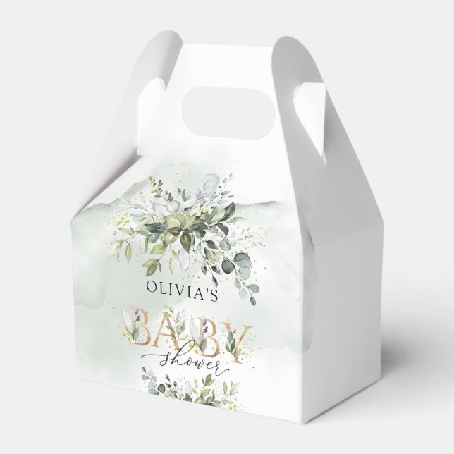 Modern greenery leafy gold letters baby shower favour box (Front Side)