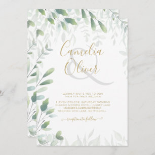 Modern Greenery Leaves Gold Wedding QR Code RSVP Invitation