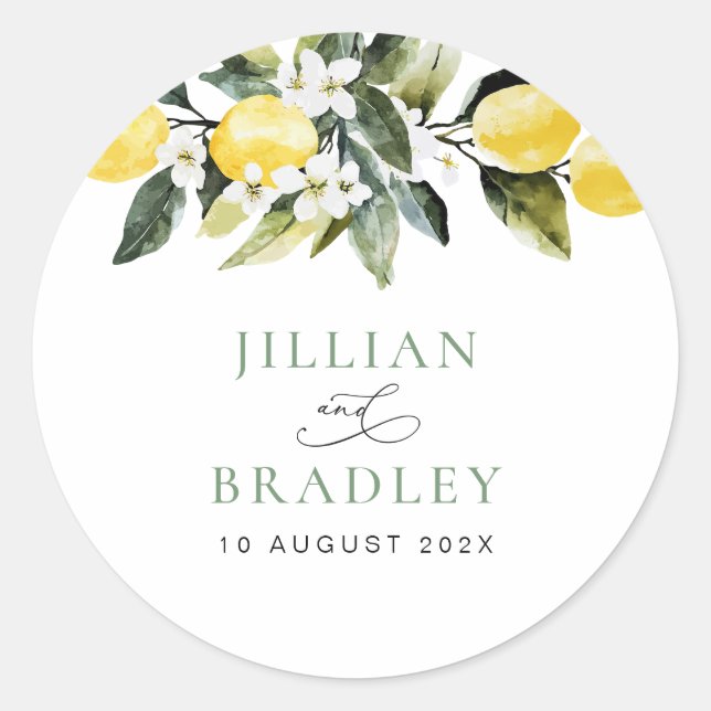 Modern Greenery Lemon Floral Wedding  Classic Round Sticker (Front)