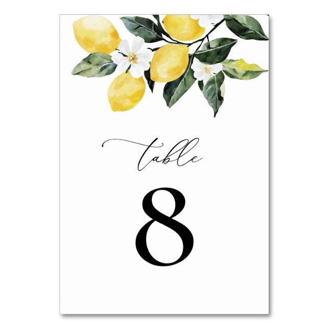 Modern Greenery Lemon Floral Wedding  Table Number (Front)