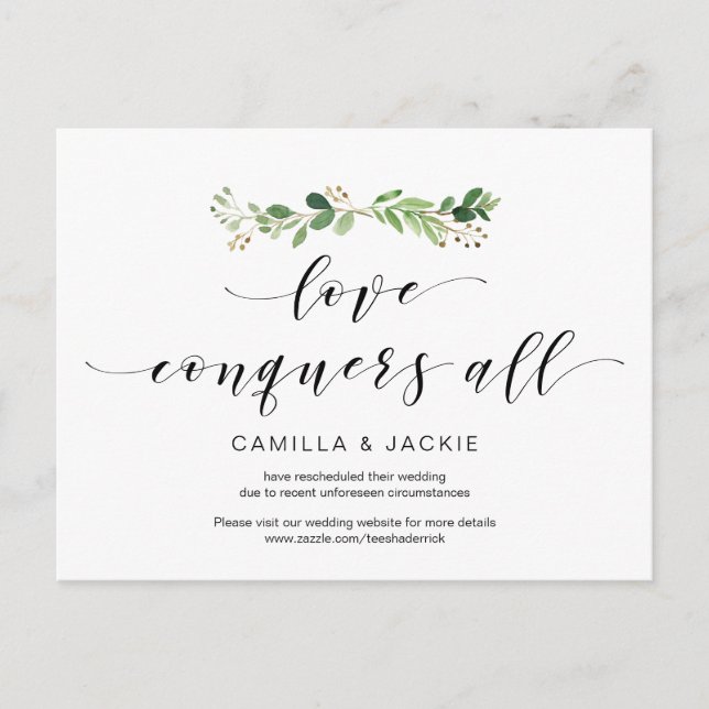 Modern Greenery, Love conquers all, Postponement Postcard (Front)