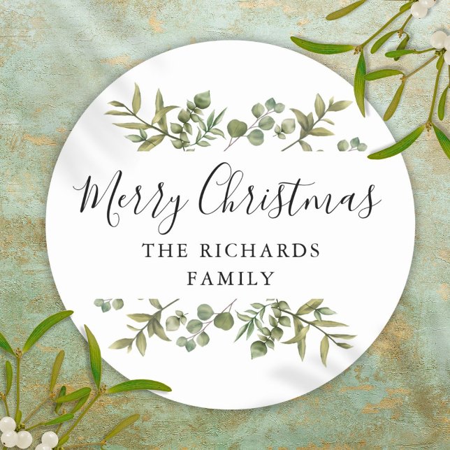 Modern Greenery Merry Christmas Family Name Classic Round Sticker (Modern Greenery Merry Christmas Family Name Classic Round Sticker)