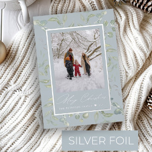 Modern greenery Merry Christmas photo silver Foil Holiday Card