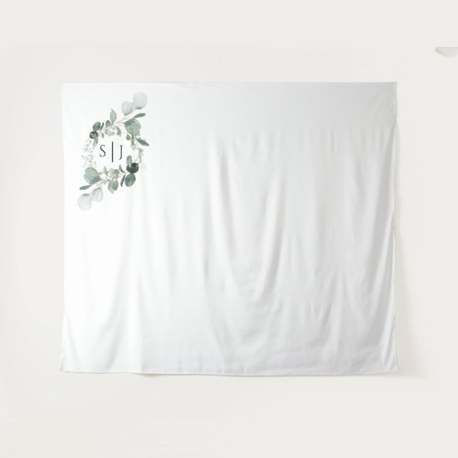 Modern Greenery Monogram Wedding Photo Backdrop Tapestry (Front (Horizontal))