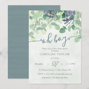 Modern Greenery Oh Boy Blue Floral Baby Shower Invitation