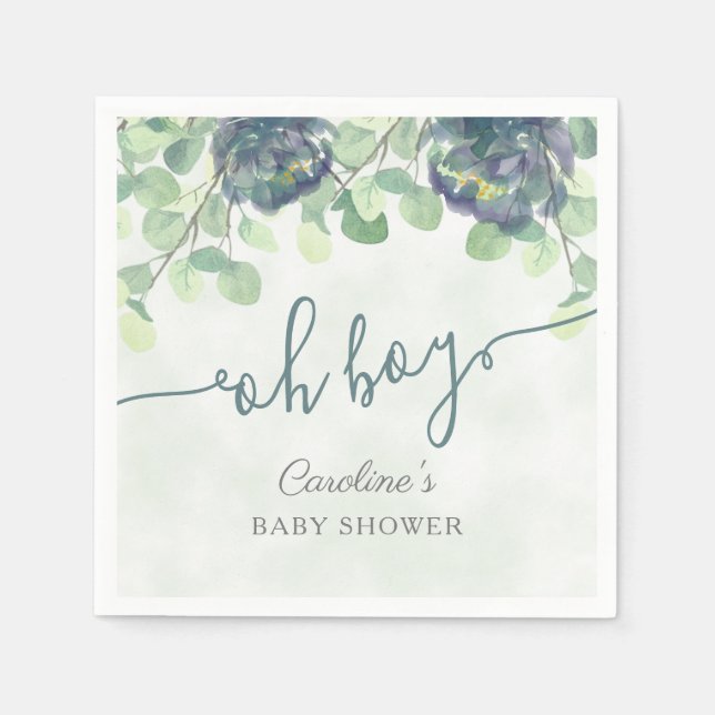 Modern Greenery Oh Boy Blue Floral Baby Shower Napkin (Front)