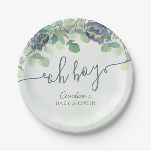 Modern Greenery Oh Boy Blue Floral Baby Shower Paper Plate (Front)