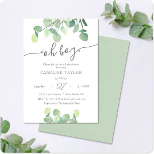 Modern Greenery Oh Boy Simple Baby Shower Invitation