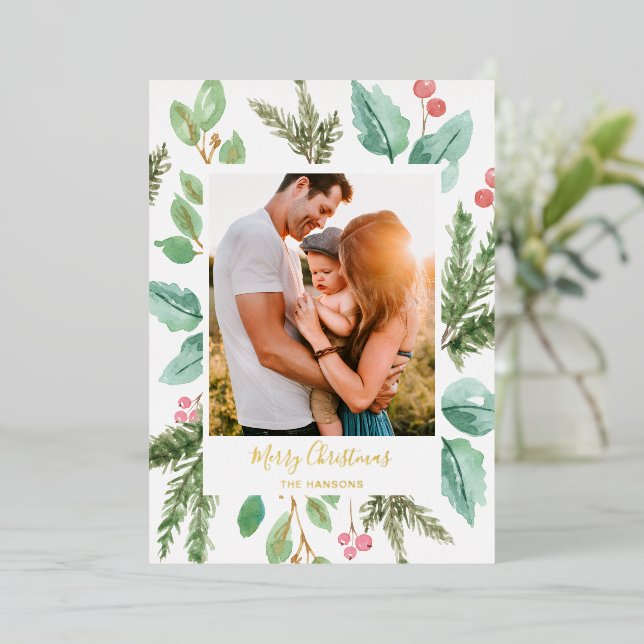 Modern Greenery Photo Elegant Christmas Foil Holiday Card (Standing Front)