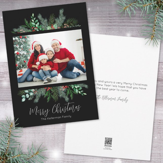 Modern Greenery Photo Merry Christmas Holiday Card (Modern Greenery Black Photo Merry Christmas Holiday Card)