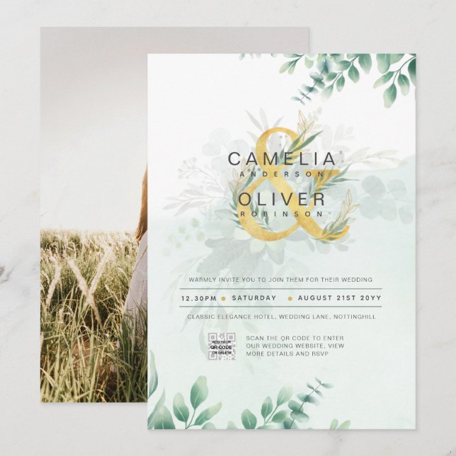 Modern Greenery PHOTO Wedding Invitation QR CODE (Front/Back)