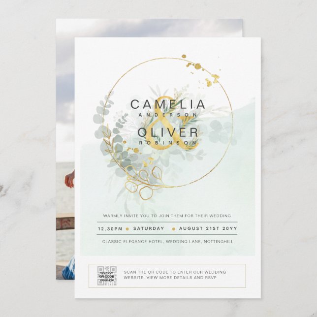 Modern Greenery PHOTO Wedding Invitation QR CODE (Front/Back)
