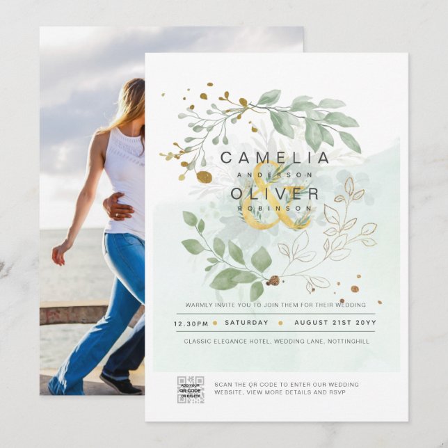 Modern Greenery PHOTO Wedding Invitation QR CODE (Front/Back)