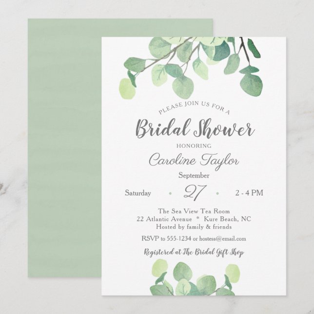 Modern Greenery Simple Eucalyptus Bridal Shower Invitation (Front/Back)
