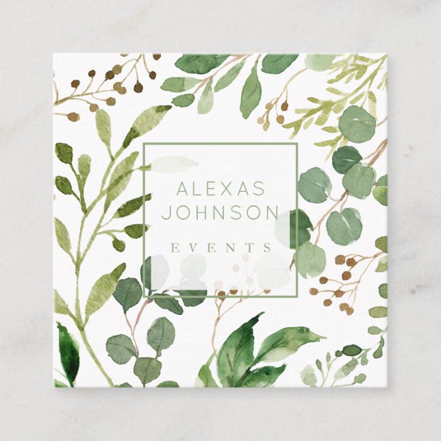 Modern Greenery Spring Square Business Cards (Front)