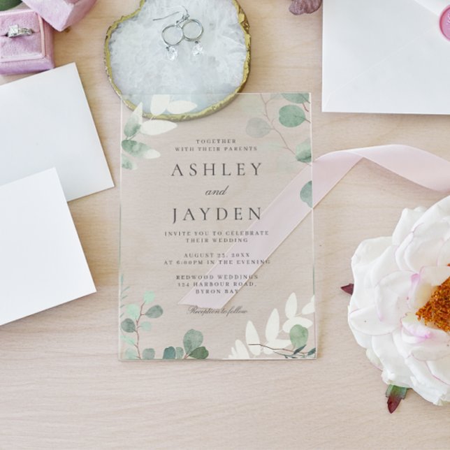 Modern Greenery Spring Wedding Acrylic Invitations (Creator Uploaded)