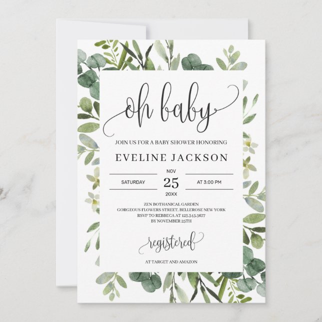 Modern greenery succulent florals oh baby shower invitation (Front)