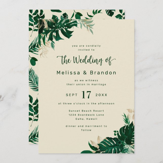 Modern Greenery Tropical Foliage Elegant Wedding Invitation (Front/Back)